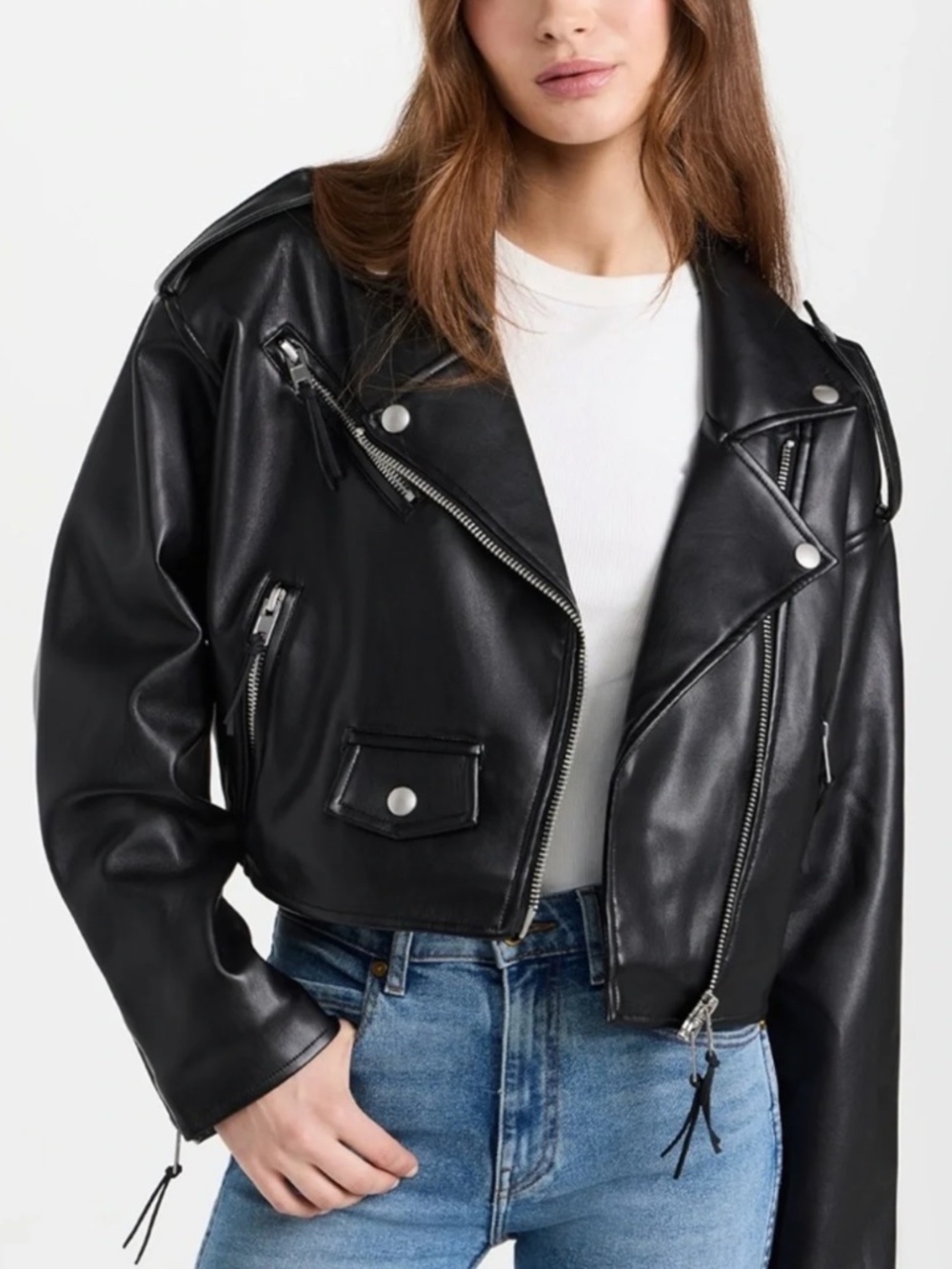 Good American Black Faux Leather Cropped Moto Jacket